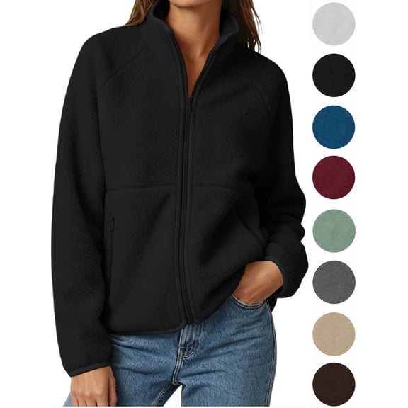 Hzzrkos Women Casual Loose Solid Color Long Sleeve Mock Neck Zip Up Fleece Jacket Raglan Sleeve Zipper Pocket Warm Outerwear Coat Winter Sweatshirt Jacket Black XXL