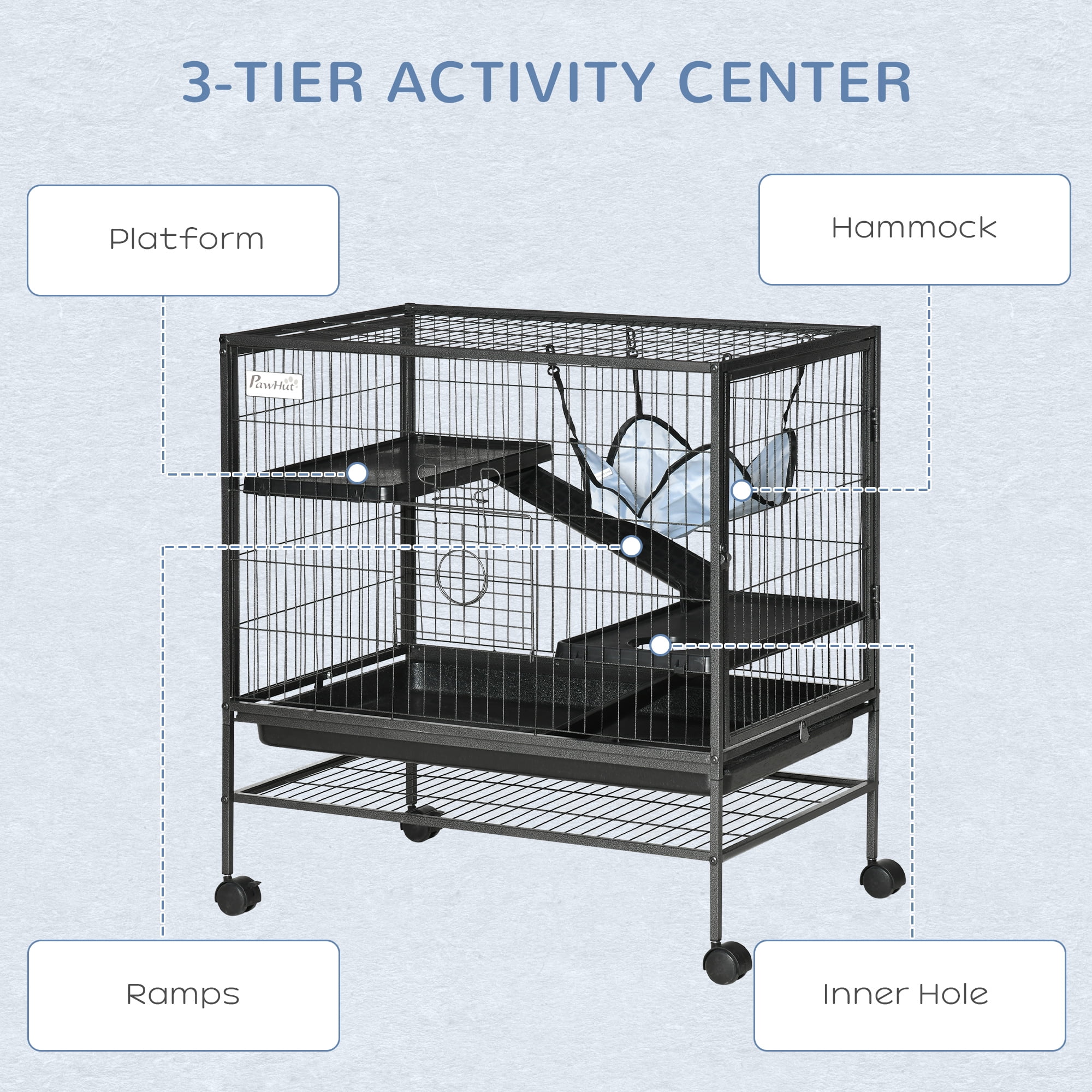 PawHut 3-Tier Small Animal Cage, Ferret Cage Large Chinchilla Cage