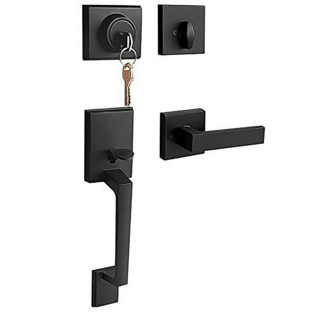 Black Door Handle with Lock and Lever, Front Door Lock Set