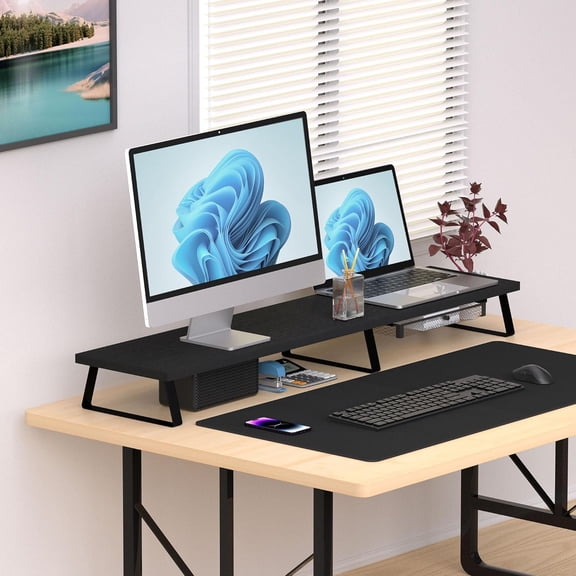 Wood Dual Monitor Stand Riser with Metal Legs and Drawer - Large Computer Desk Organizer for 2 Monitors, Laptop, Printer, TV - Black