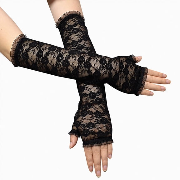 CAUYDY Women's Long Lace Fingerless Gloves Bridal Elbow Length Gloves Long Lace Floral Gloves For Wedding Opera Tea Party(L101-Black,One Size)