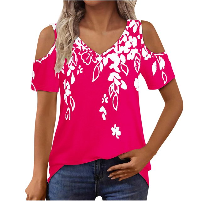 Puntoco Liquidación de blusas cortas para mujer, blusas estampadas para mujer, blusas de manga corta con escote en V y hombros descubiertos, blusas de moda