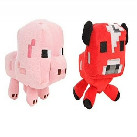 Official Minecraft Overworld 7" Plush Baby Mooshroom COW & Baby PIG Figure SET of 2
