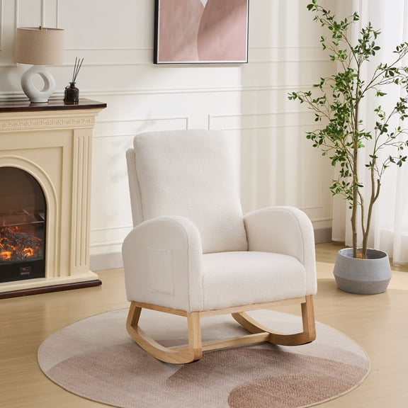 27.2" Wide Sherpa Rocking Chair, Upholstered Glider Armchair with High Back, Side Pocket and Rubber Wood Legs for Nursery Living Room Bedroom, Ivory