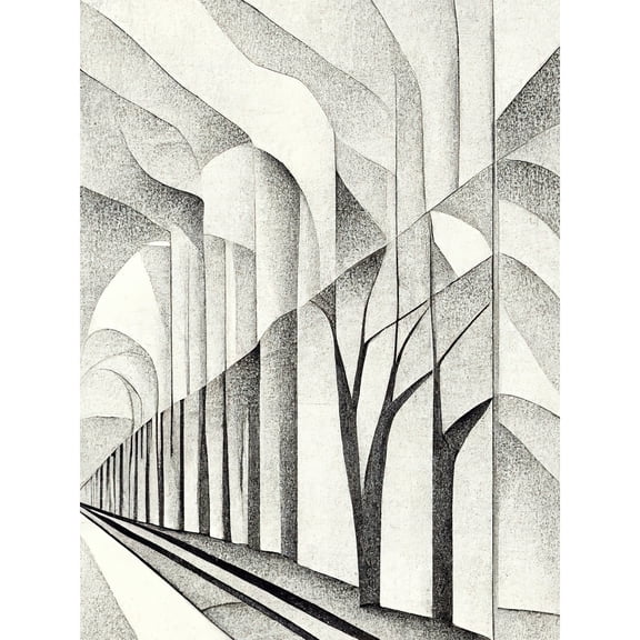 Monochrome Cubism Tree Tunnel Path Perspective Illustration Large Wall Art Poster Print Thick Paper 18X24 Inch