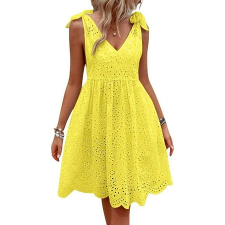 XiaoBanDeng Women s Sexy Spaghetti Strap Eyelet Lace Babydoll Dress A Line Beach Party Short Sun Dress