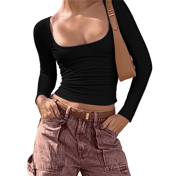Womens Long Sleeve Shirts Crop Tops Fall Fashion 2025 Square Neck Going Out Basics Tees Y2k Clothes