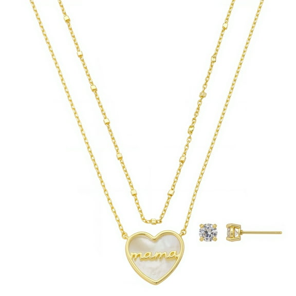 Believe by Brilliance Women's 14Kt Gold Flash Plated Mother of Pearl Mama Heart Pendant Layered Necklace and Stud Earring Set, 16 2"/18 2"