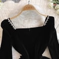 thumbnail image 5 of Vestido negro elegante de una línea para mujer, cuello cuadrado de diamantes, vestido ligeramente gordito, vestido de fiesta de manga larga de talla grande, Otoño e Invierno, 5 of 5