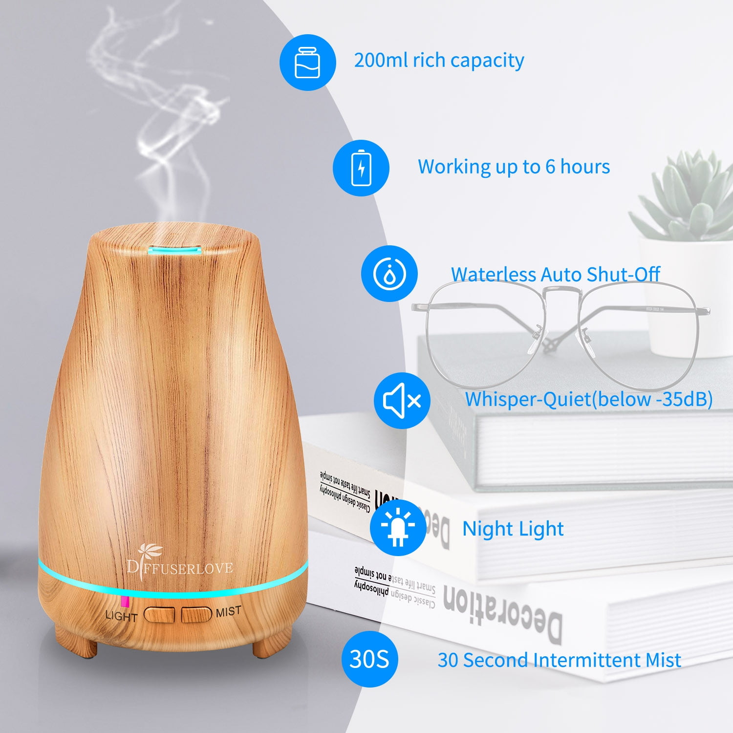 1 Humidifiers For Bedroom, Essential Oil Diffuser, With 6 Bottles of Essential Oil , 7-Color Lighting, Automatic Shut-Off, Home Aromatherapy, Suitable For Bedrooms And Offices