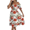 thumbnail image 3 of Women's Off Shoulder Floral Smocked Midi Flowy Long Dresses Dress for Beach Summer White S, 3 of 10