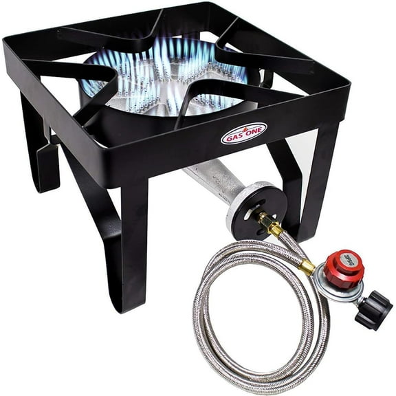 GasOne Propane Single Gas Burner 200,000BTU Heavy Duty - 0-20 PSI Adjustable Regulator and Hose Camp