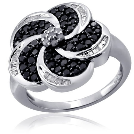 JewelersClub 1.00 CTW Round & Baguette cut Black & White Diamond Flower Sterling Silver Ring