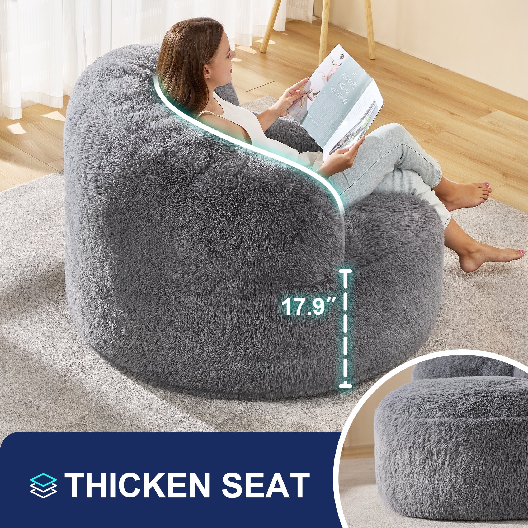 Hobestluk Bean Bag Chair Big Bean Bag Chairs for Adults Giant Adult Bean Bag Chair with Foam Filler Large Beanbags with Stuffed Back Lazy Sofa, Grey -Standard
