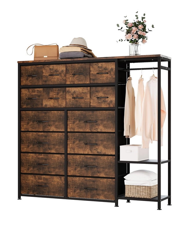 TROPOW Tall Dresser for Bedroom with 16 Drawers & Clothes Rack & 2 Storage Shelves, Fabric Dressers & Chests of Drawers, Large Closet Dresser for Storage and Organization