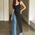 thumbnail image 5 of Women's Crew Neck Sleeveless Long Tank Top Solid Color Asymmetric Slit Hem Slim Fit Casual Summer Cami Vest Black, 5 of 7