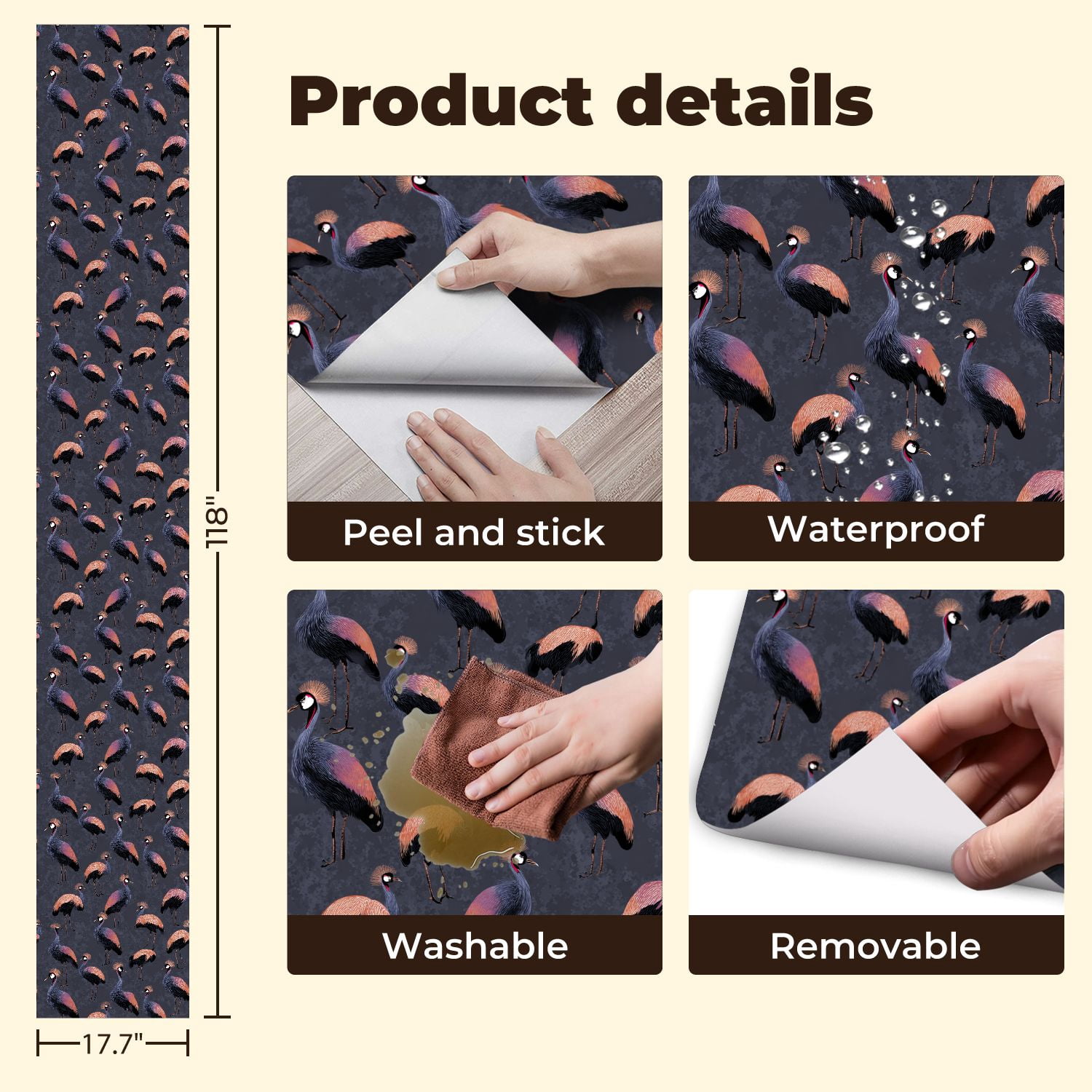 Peel and Stick Wallpaper Tropical Black Crowned Crane Coral Black Wall Mural 17.7in x 9.8ft Self Adhesive Removable Wall Paper Renter Friendly Wallpaper for Nursery Bedroom Cabinets