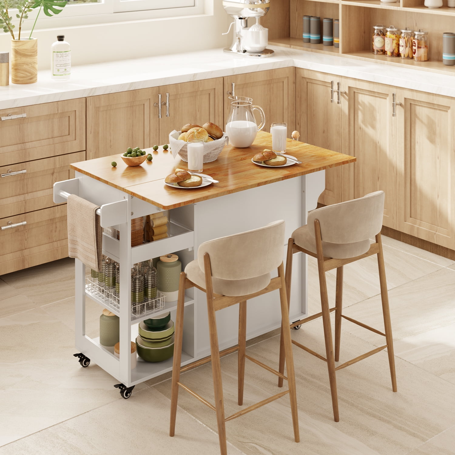 Kitchen Island, Lofka 41.7" W Kitchen Island with Storage, Rolling Island Table with Drop Leaf, Adjustable Shelf, Spice/Towel Rack, White