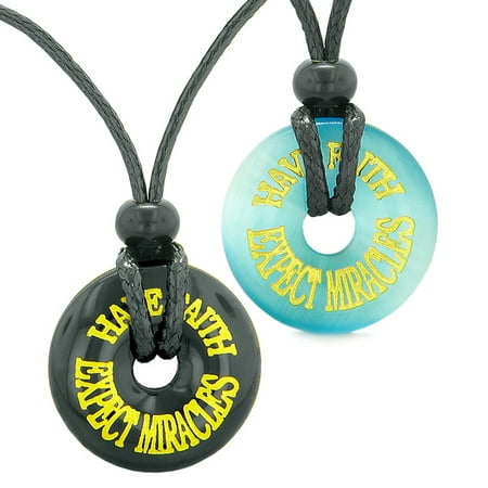 Have Faith Expect Miracles Love Couple Best Friends Amulets Blue Simulated Cats Eye Black Agate