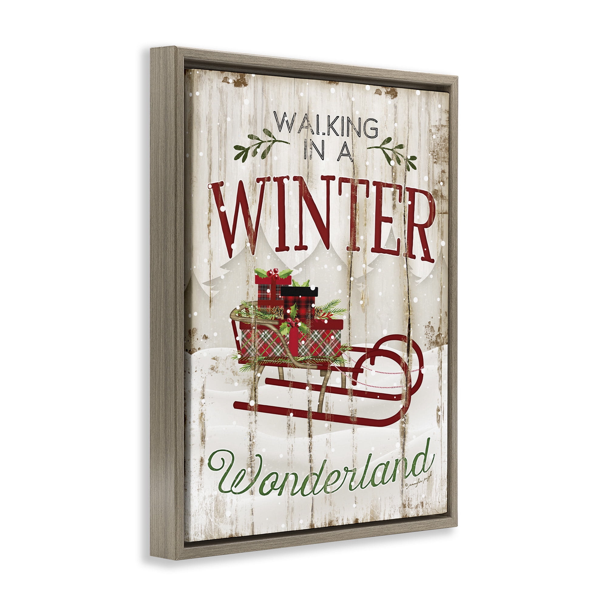 Stupell Industries Rustic Winter Wonderland Sleigh Holiday Painting Brown Floater Framed Canvas Art Print Wall Art, 17 x 21
