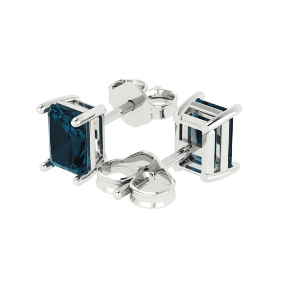 2.0 Ct Emerald Cut Studs Natural London Blue Topaz 14K White Solid Solid Gold Everyday Dainty Earrings Push Back