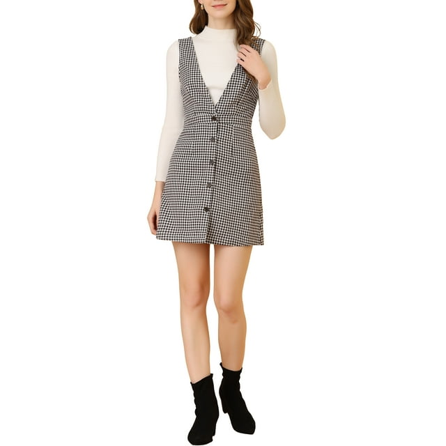INSPIRE CHIC Robe Chasuble Sans Manches à Bretelles à Motif Pied-de-Poule pour Femme TP Blanc Brun