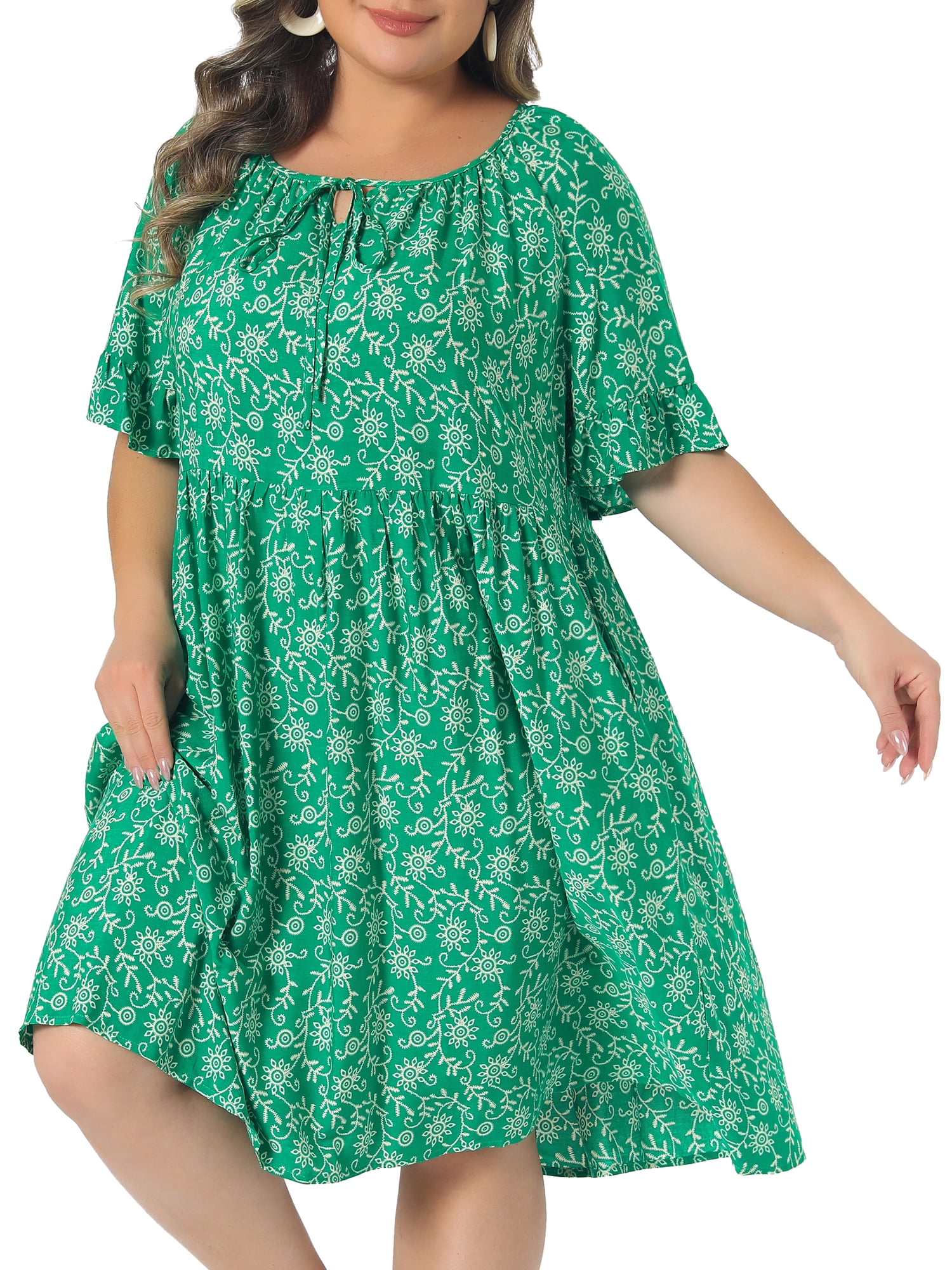DARING DIVA Women's Plus Dresses Scoop Neck Ruffle Floral Dress 4X Green
