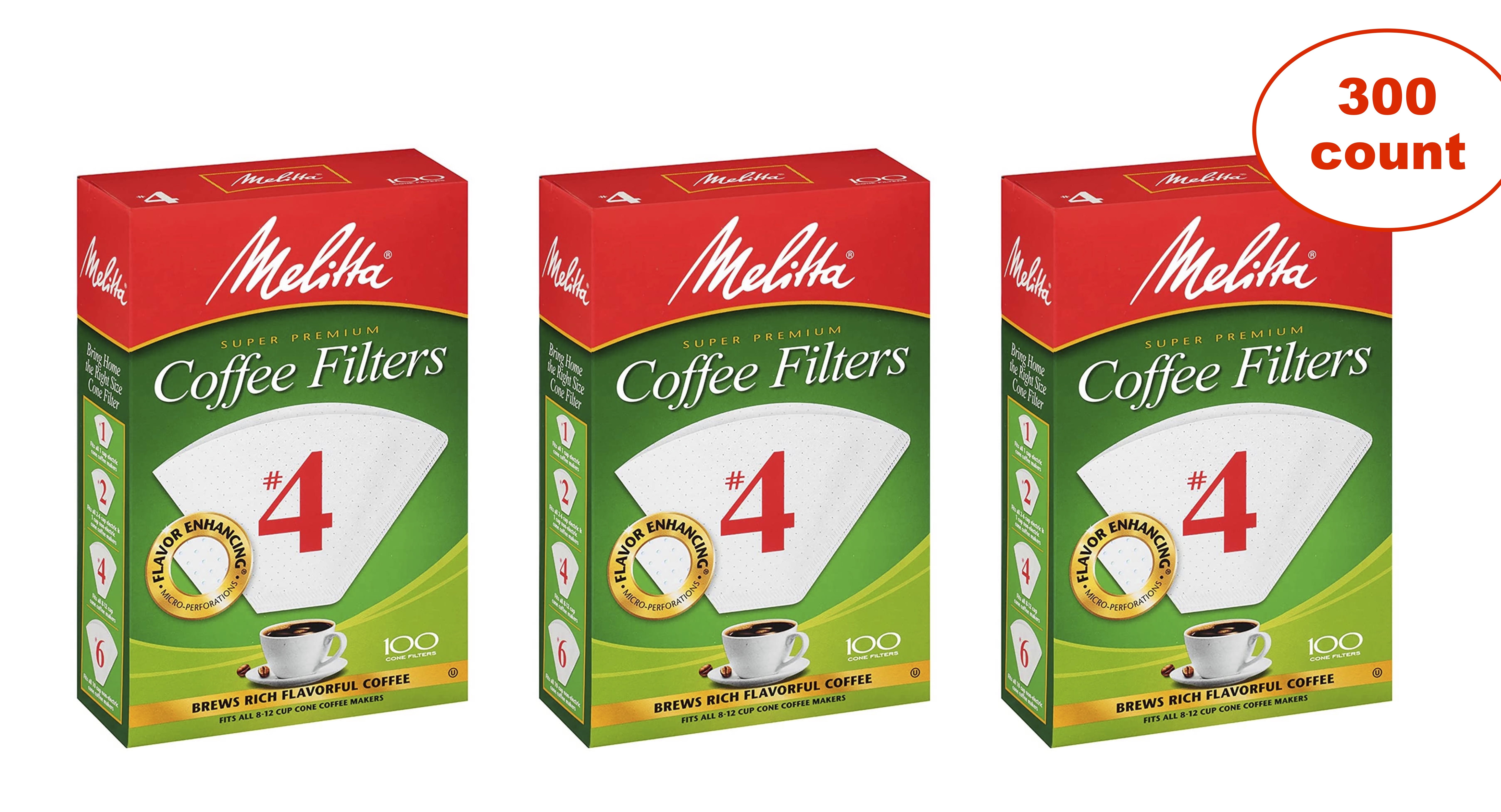 Melitta 4 Cone Coffee Filters, White, 300 Count