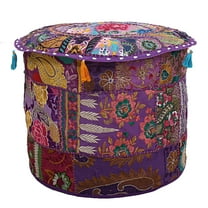 DK Homewares Indian Pouf Ottoman Cover Vintage Patchwork Purple Round Foot Stool Decorative Tuffet Cotton Embroidered Pouf Chair Seat Floral Traditional 22x22x14 Inch - COVER ONLY