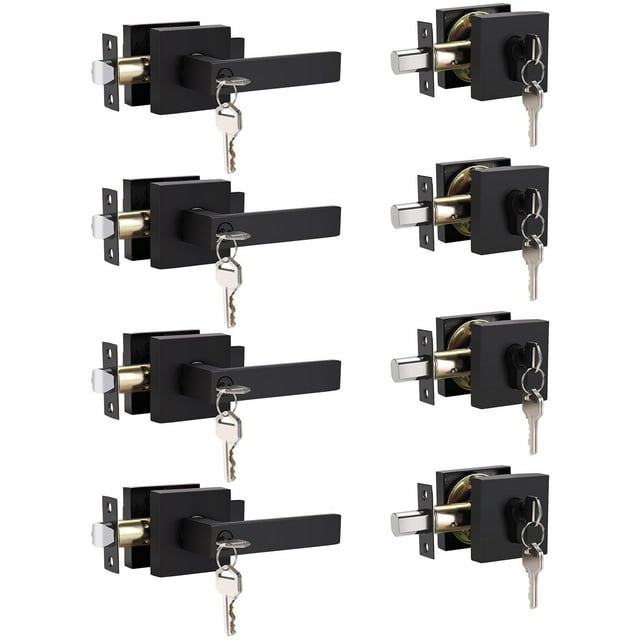 Levier de Porte d'Entrée à Clé et Ensemble de Pêne Dormant à Cylindre Simple, Serrure Réversible à Clé Identique, Poignée Intérieure/extérieure Carrée Noire Mate pour Chambre, Porte d'Entrée Lot de 4