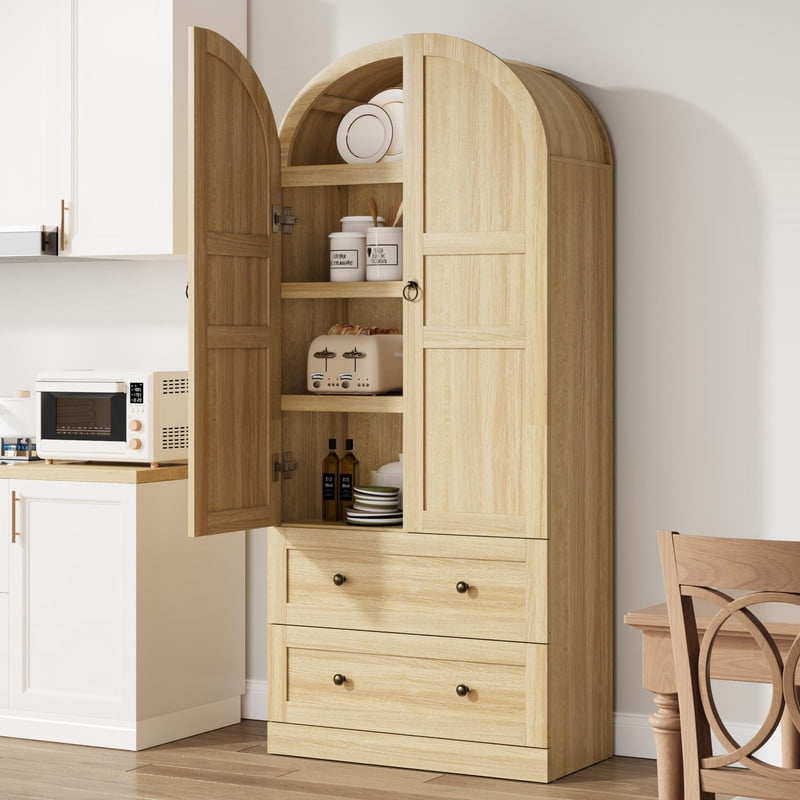 TROPOW 72 in Tall Arched Kitchen Pantry Cabinet, Farmhouse Wood Pantry Storage Cabinet with 2 Large Drawers, Wood Door, Freestanding Versatile Pantry Cabinets for Dining, Living Room