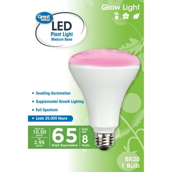Great Value LED Light Bulb, 8W (65W Equivalent) BR30 Grow Light E26 Medium Base, Non-Dimmable, Large , 1-Pack