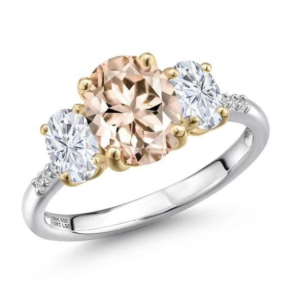 Gem Stone King 925 Silver and 10K Yellow Gold Peach Morganite and White Moissanite and Lab Grown Diamond Engagement Ring for Women | 2.66 Cttw | Oval 9X7MM | October Birthstone | Size 6