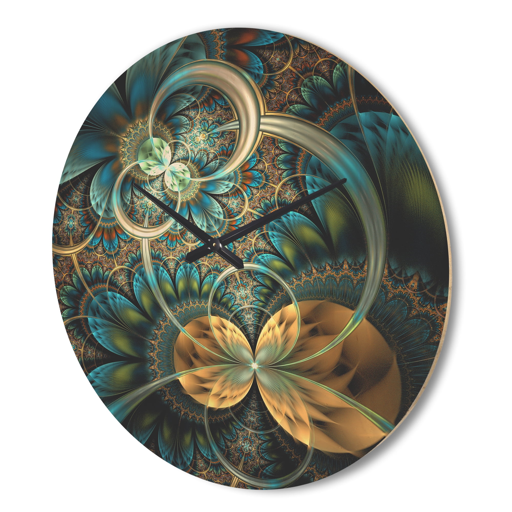 Designart 'Symmetrical Gold Blue Fractal Flower' Modern Wood Wall Clock