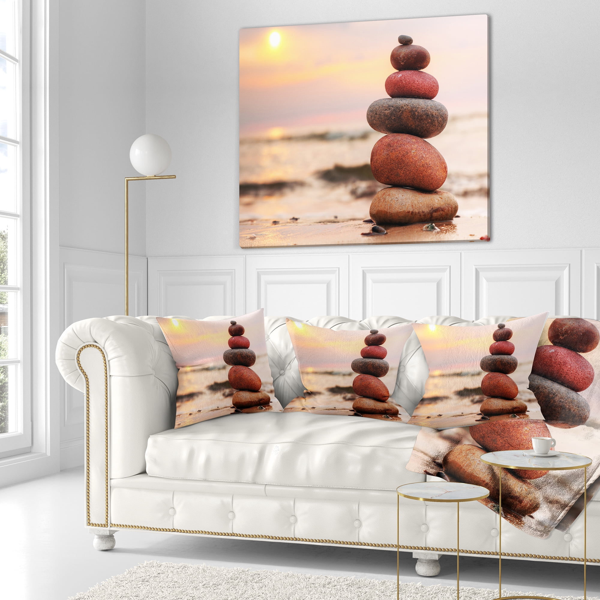 Designart Stones Pyramid on Sand Symbolizing Zen - Landscape Printed Throw Pillow - 18x18