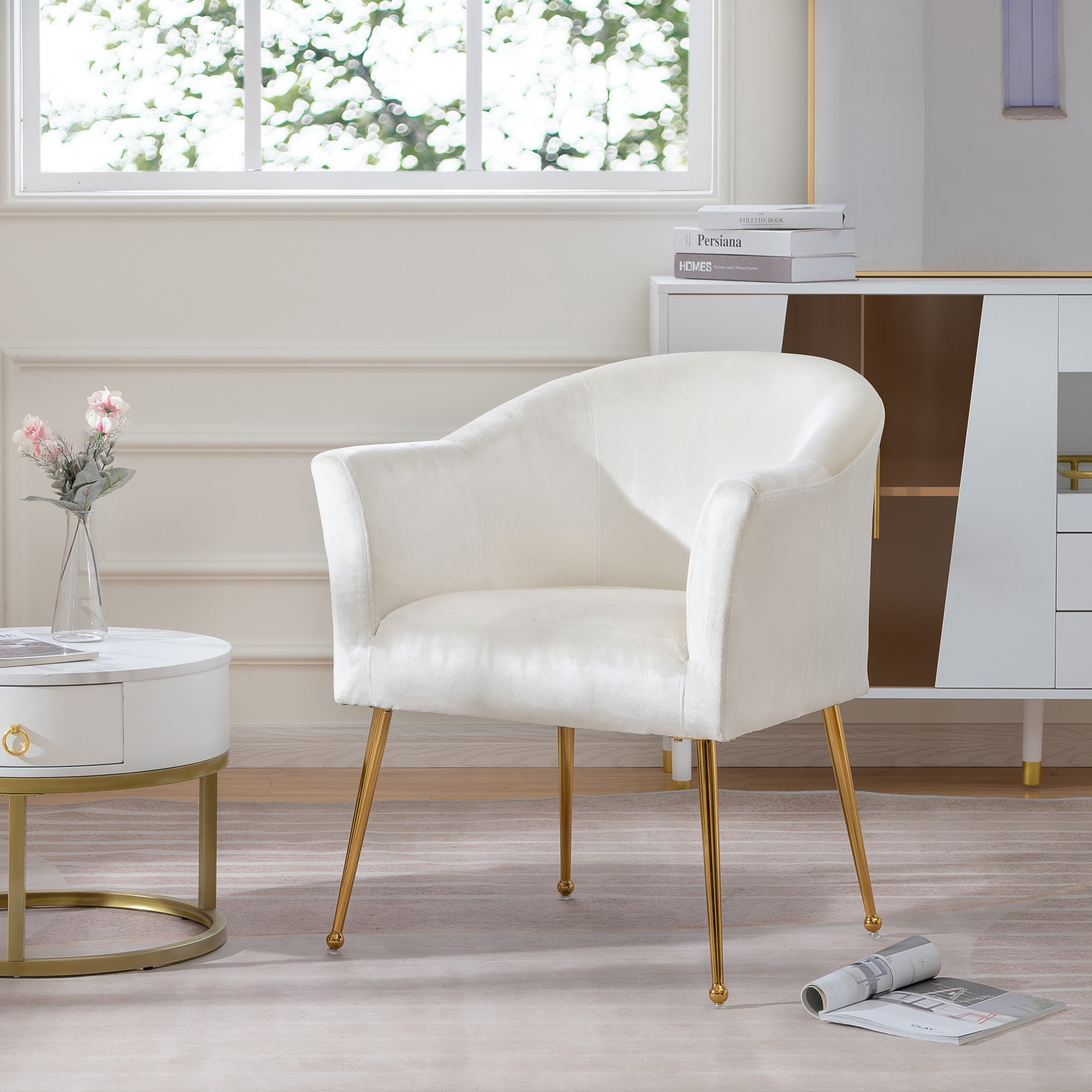 Kadyn Polyester Accent Chair, Modern Armchair with Gold Metal Legs, Single Reading Chair for Living Room, White