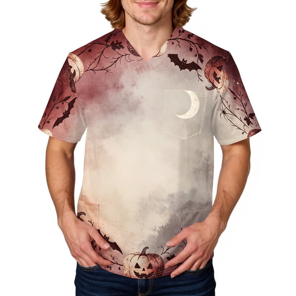 Halloween Scrubs Top for Men Plus Size Short Sleeve V-Neck Novelty Print Working Uniform Soft Stretchy Holiday T Shirts