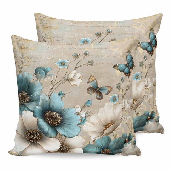16x16 Pillow Covers Set of 2, Teal Tulip Butterfly Square Throw Pillow Covers for Couch/Sofa/Living Room, Beige Turquoise Floral Vintage Rustic Decorative Soft Pillowcases for Couch Throw Pillows