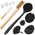 thumbnail image 1 of wonima11 Silicone Back Scrubber & Soft Shower Brush, Silicone Scalp Massager, Wooden Foot Files Brush Set 7 PCS, Whole Body Scrubber & Shampoo Brush Combination, with 4 Free Hooks (Style 2 Black), 1 of 1