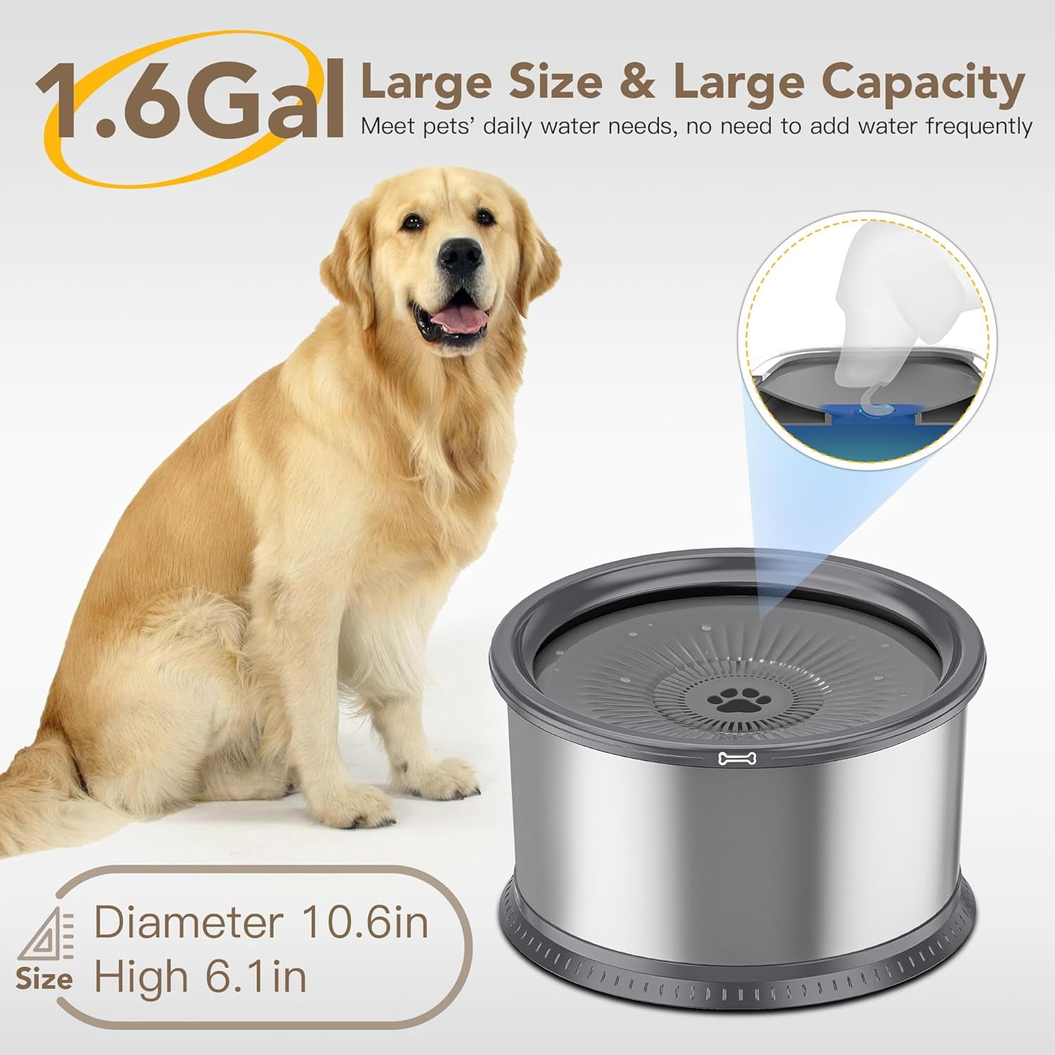 4.5L/1.2Gal Dog Water Bowl, No Spill Stainless Steel Slow Water Bowl for Medium Large Dogs, Large Capacity Splash Proof Slow Drinking Water Bowls with Anti-Slip Mat for Mess Drinkers, Beige