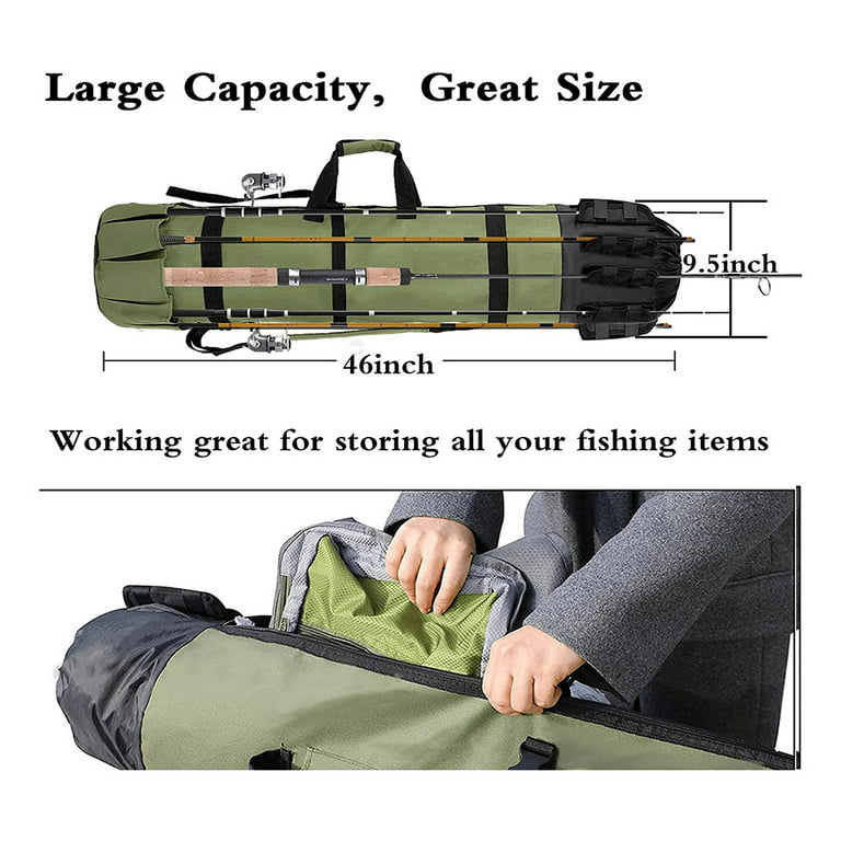 Portable Fishing Tote Bag Organizer Canvas Rod Holder,Fishing Pole Bag with  Rod Holders Double Shoulder Straps