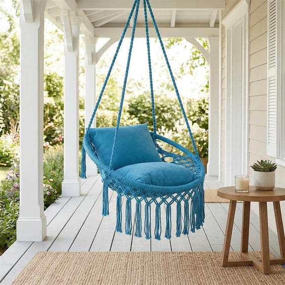 Topcobee Macrame Swing Chair Hammock Chair with 2 Removable Cushions, Indoor Hammock Chair, Egg Swing-Navy