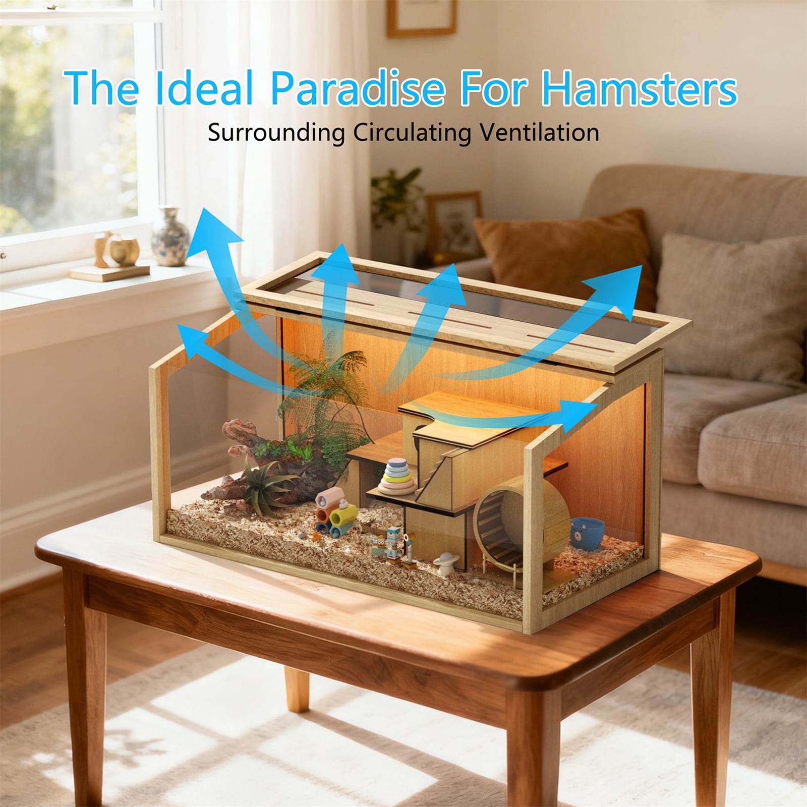 Bingopaw Chew-proof Wooden Hamster Cage Clear Glass Panel Tabletop Habitat with LED Light for Small Pets