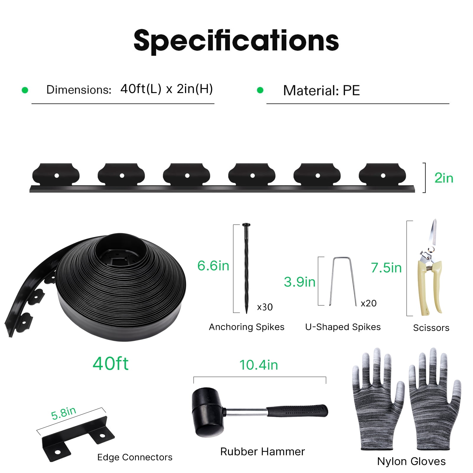 KORALAKIRI Landscape Edging Kit, 40ft Garden Edging Border 2 Inch Tall with 50 Pcs Spikes, Edging for Landscaping, Garden, Black