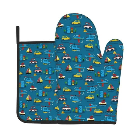 

KLL Transportations with Buildings Pattern Oven Mitts and Pot Holders 2pcs Sets for Kitchen Oven Mitt Heat Resistant 536°F Oven Gloves for Kitchen Cooking and Baking