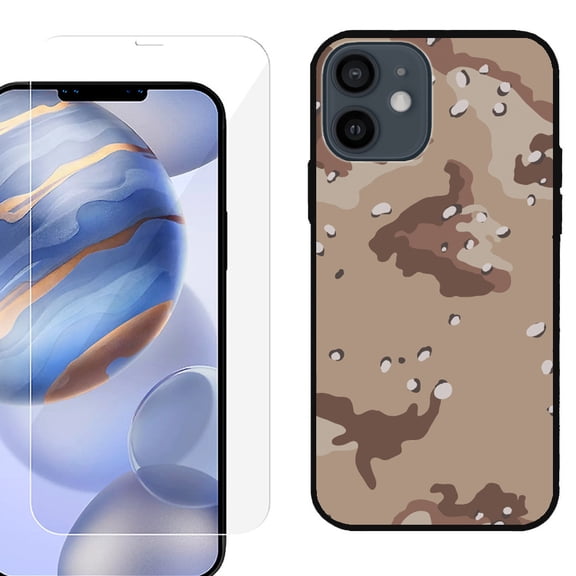 Slim-Fit Protective Phone Case (Black) compatible with iPhone 12 / iPhone 12 Pro, with Tempered Glass Screen Protector, by OneToughShield ® - Desert Camo