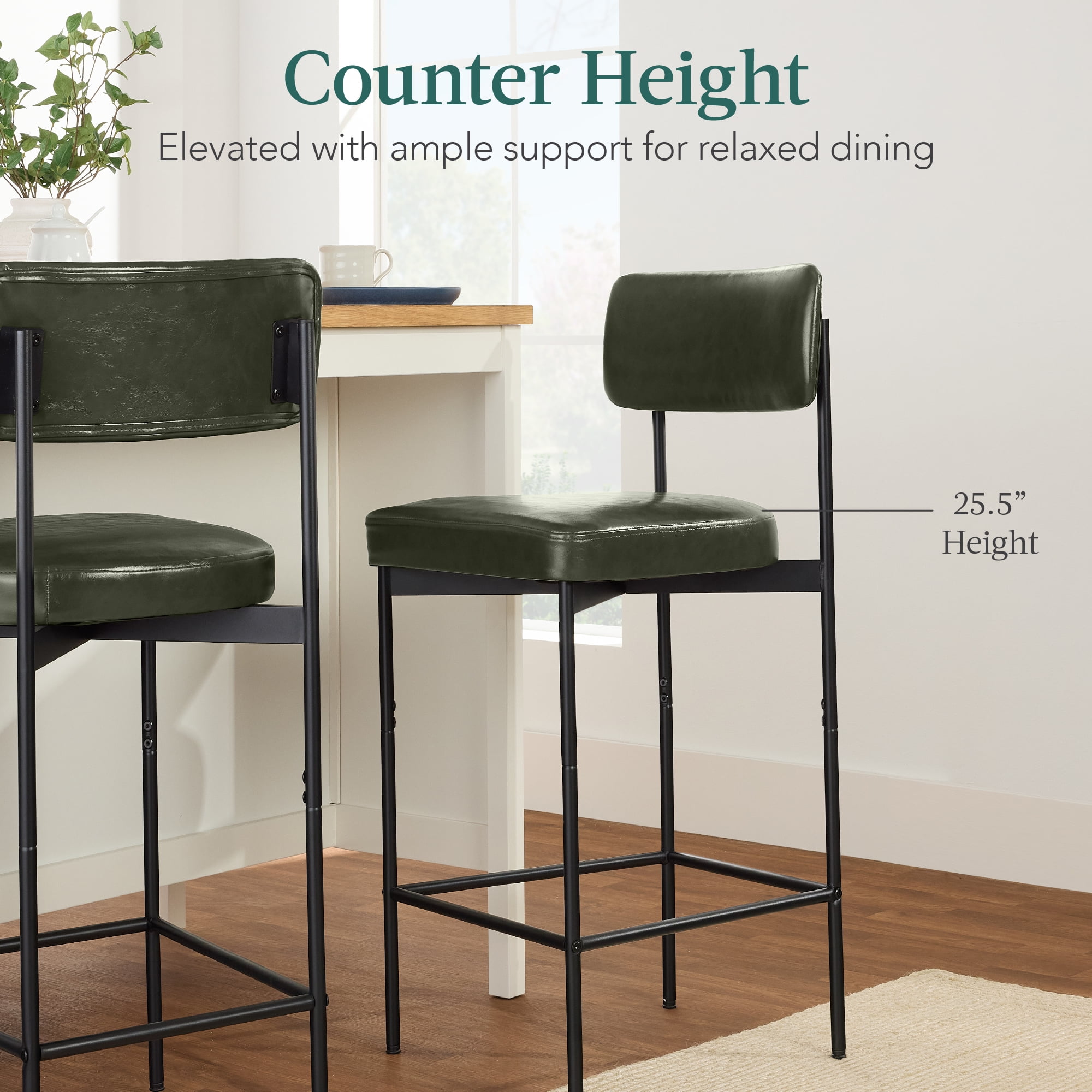 Best Choice Products Set of 2, Armless Counter Height Bar Stools, Modern PU Faux Leather Stools - Moss Green