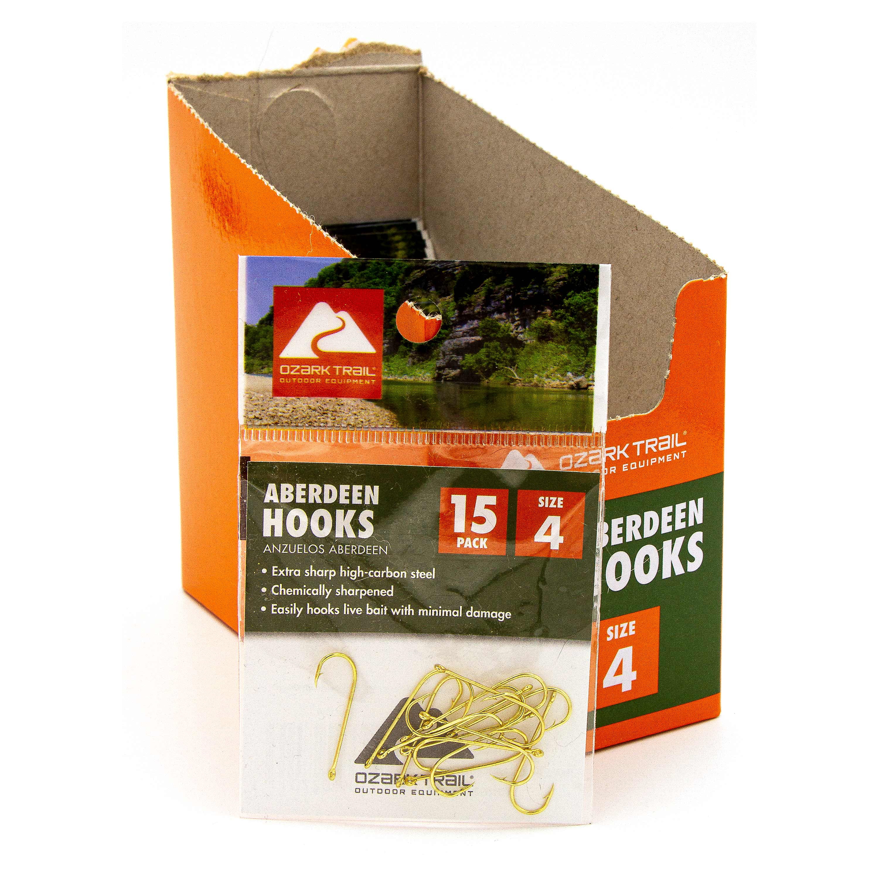 (6 pack) Ozark Trail Gold Aberdeen Light Wire Fishing Hooks, Size 4, 15-Pack