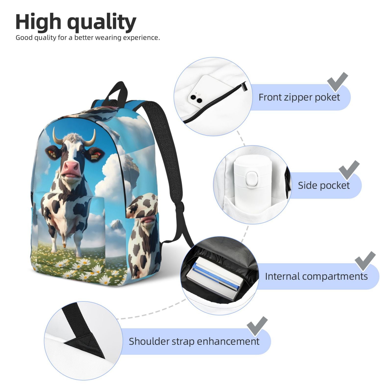 Picia Cute Daisy Cow A Printed Canvas Daypack - Stylish and Durable Vintage Compact Backpack - Class, Work, Travel, or Laptop Bookbag,Organized Compartments-Small