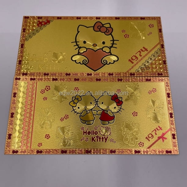 Billetes de PVC de recuerdo de plástico dorado de Hello Kitty de Anime japonés, billete dorado de gato bonito de dibujos animados para tarjetas de colección clásicas para niños
